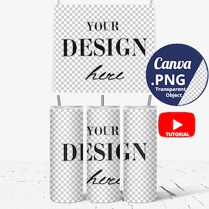 Mockup di bicchiere skinny da 20 once e scheda di visualizzazione completa Mockup Canva PNG, 3 bicchieri skinny da 20 once e mockup di tavola PNG trasparente 1416c