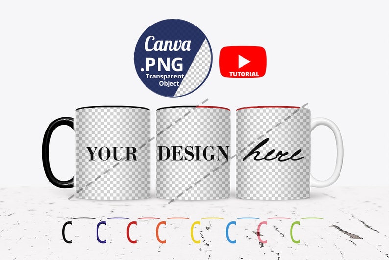 Mug Rim Design 11oz Mug Color Handle & Rim Inside Mockup Bundle, Full Wrap 3 Mugs ...