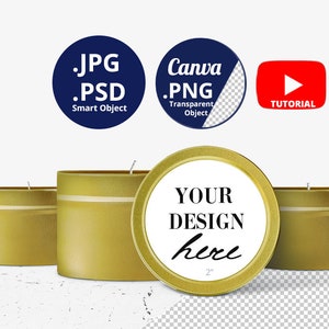 Może przedstawiać: Cztery złote słoiki ze świecami z białymi etykietami. Etykieta na przednim słoiku zawiera napis "Your Design Here".