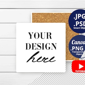 Maqueta de posavasos de cerámica cuadrada con almohadilla de respaldo de corcho Maqueta PSD Objeto inteligente, Maqueta de azulejos de cerámica psd PNG Canva, Maqueta frontal y posterior 1512