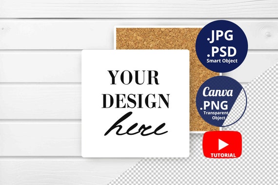Square ceramic coaster Mockup with cork backing pad Mockup PSD Smart Object, Ceramic Tile Mockup psd PNG Canva, Front & Back mockup 1512