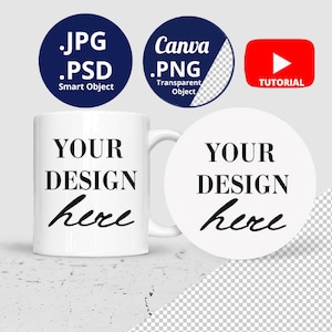 May include: White ceramic mug with a black design that says "YOUR DESIGN here". The mug is sitting on a white surface. There is a white circle with the same design on the right side of the mug.