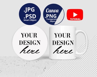 Podkładka i kubek makieta, okrągła podkładka i 11oz kubek makieta, biały kubek i okrągły podkładka makieta Canva png przezroczysty, PSD Smart Object 1454