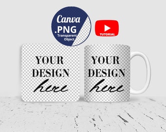 Podkładka i kubek mockup PNG Canva, kwadratowa podkładka i 11oz kubek mockup, biały kubek i podkładka mockup Canva png przezroczyste tło 1452c