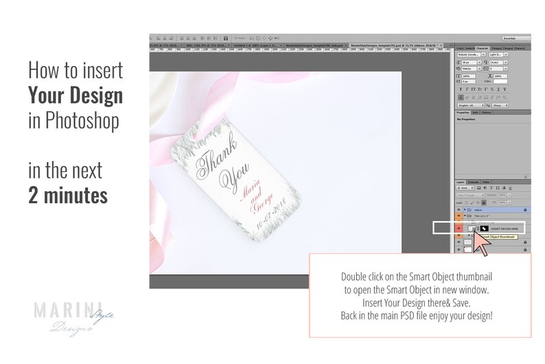 K&ouml;nnte beinhalten: Ein Photoshop-Tutorial-Bild mit dem Text "So f&uuml;gen Sie Ihr Design in Photoshop in den n&auml;chsten 2 Minuten ein". Ein Etikett mit "Thank You" und Namen wird mit rosa Band gezeigt. Ein Screenshot von Photoshop ist ebenfalls sichtbar.