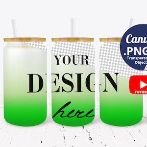 16oz Green Gradient Frosted Glass Can Mockup Full Wrap, 3 Ombre Libbey glass can mockup, Beer can glass mockup, transparent PNG Canva 1411c