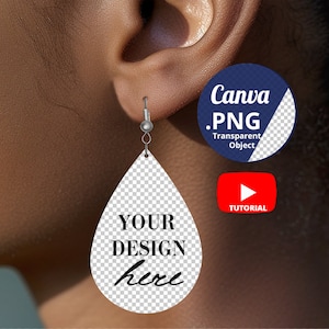 Black Woman with teardrop earring Mockup PNG Canva, Woman wearing drop earrings mockup, 2-inch teardrop earring on ear Mockup, 1428c