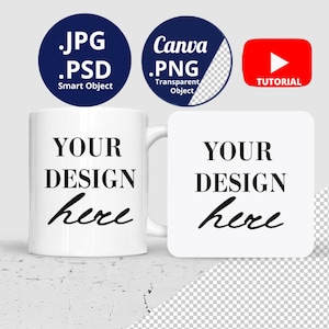 Square coaster & 11oz Mug Mockup, Coaster and Mug Mockup PSD PNG, White Mug and Coaster Mockup PSD Smart Object, Canva png transparent 1453