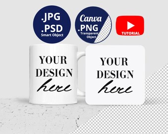 Kwadratowa podstawka i 11oz kubek mockup, podstawka i kubek mockup PSD PNG, biały kubek i podstawka mockup PSD Smart Object, Canva png transparent 1453