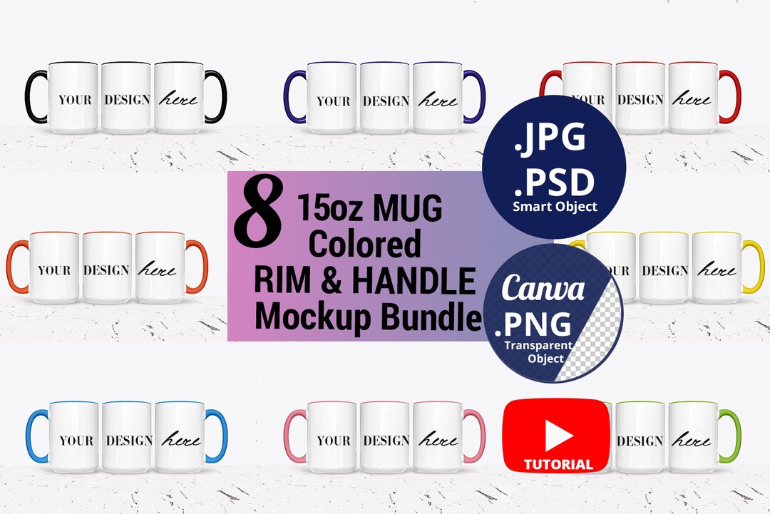Mug Rim Design 15oz Mug Mockup Bundle Color Handle & Rim Inside, Full Wrap 3 Mugs ...