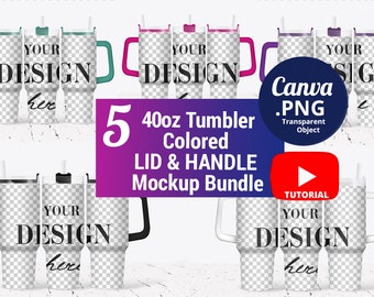 Full wrap 40oz Tumbler Mockup colored lid and handle, 3 40oz Tumblers Mockup transparent background, Canva Mockup PNG transparent, 1528c