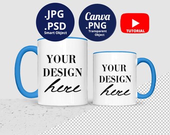 11oz & 15oz Mug blue handle and rim mockup PSD PNG, Colored handle and rim Mug Mockup, optional color inside rim and handle Mug Mockup 1522