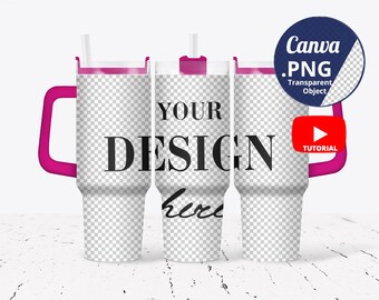 Full wrap 40oz Tumbler Mockup pink lid and handle, 3 40oz Tumblers Mockup transparent background, Canva Mockup PNG transparent, 1530c