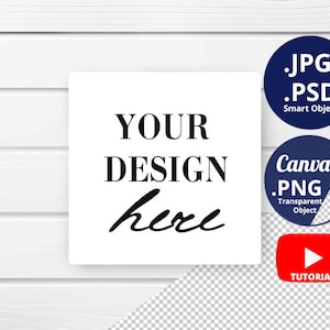 May include: A white square with the text "YOUR DESIGN here" in black. Three circular graphics with text: ".JPG .PSD Smart Object", "Canva .PNG Transparent Object", and a red YouTube icon with "TUTORIAL".