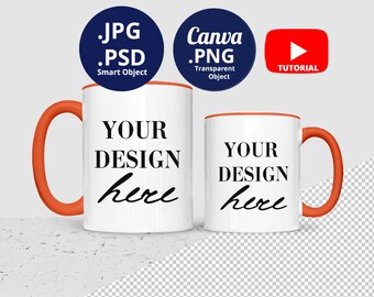 11oz & 15oz Mug orange handle and rim mockup PSD PNG, Colored handle and rim Mug Mockup, optional color inside rim handle Mug Mockup 1520
