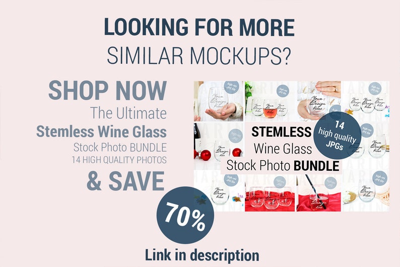 May include: A collage of images showcasing a stemless wine glass mockup bundle. The bundle includes 14 high-quality photos of the glass in various settings. The text "Stemless Wine Glass Stock Photo Bundle" is featured in the image. The text "14 high quality JPGs" is also featured in the image.