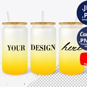16oz Yellow Gradient Frosted Glass Can Mockup Full wrap, 3 Ombre can glass Mockup, Libbey glass can mockup, Beer can glass mockup, PSD 1383