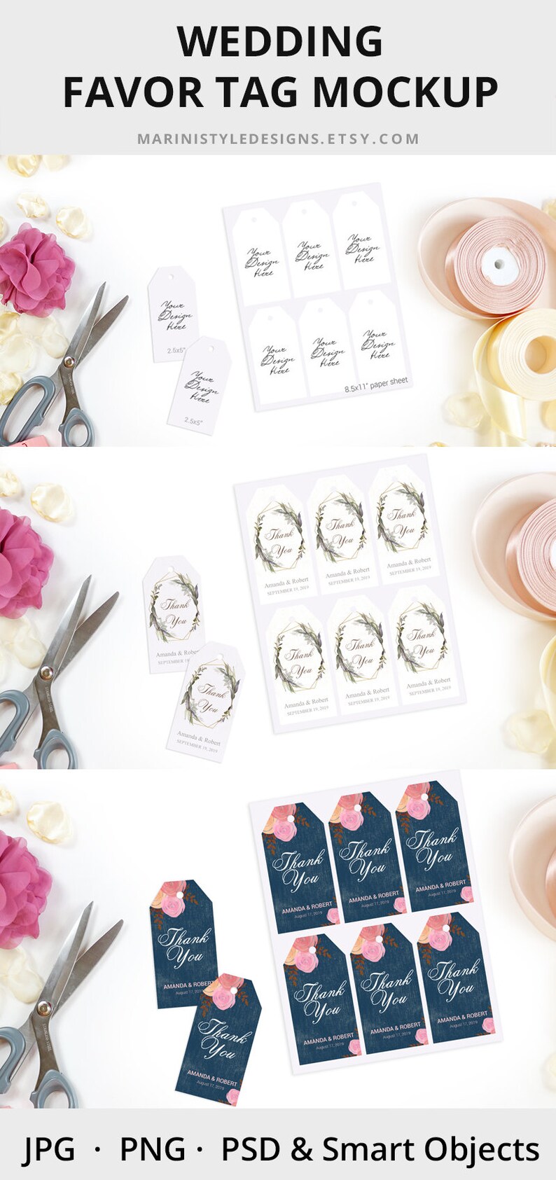 Puede incluir: Una maqueta de etiquetas de regalo de boda con diferentes dise&ntilde;os. Las etiquetas est&aacute;n impresas en papel blanco y presentan varios dise&ntilde;os, incluyendo coronas de flores, mezclilla con flores rosas y texto simple. Las etiquetas se muestran sobre un fondo blanco con tijeras y cinta.