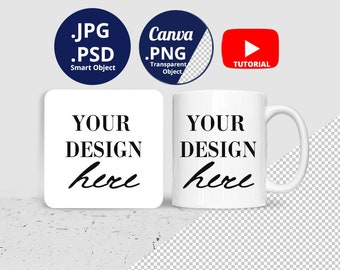 Podkładka i kubek Mockup PSD PNG, kwadratowa podkładka i 11oz Kubek Mockup, biały kubek i podkładka Mockup Canva png transparent, PSD Smart Object 1452