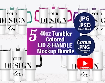 40oz Tumbler colored handle and lid Mockup Bundle, Full wrap 3 views 40oz Tumblers Mockup color handle & lid, Mockup PSD Smart Objects 1528