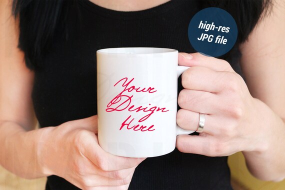 11oz White Mug Mockup With Woman Woman Holding Mug With Ring Etsy