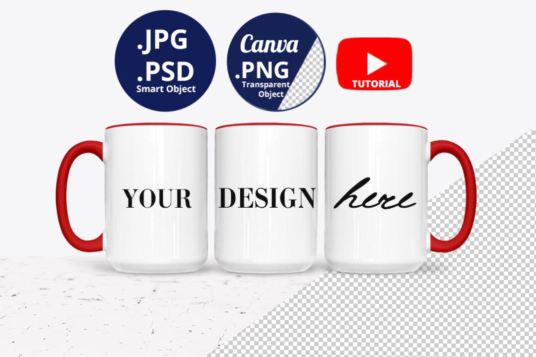 Mug Rim Design 15oz Mug Red Handle & Rim Mockup, Full Wrap 3 Mugs Mockup Optional ...
