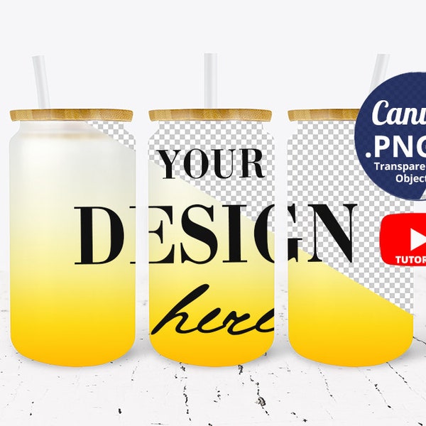 16oz Yellow Gradient Frosted Glass Can Mockup Full Wrap, Ombre Frosted jar mockup, Libbey glass can mockup, Beer can glass mockup PNG 1383c