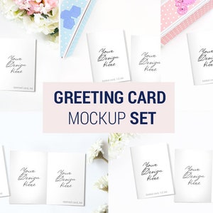 Mockup di biglietto d'auguri piegato, Mockup di biglietto aperto, Mockup di invito chiuso e aperto, Set di mockup di invito con 5 sfondi, 1198