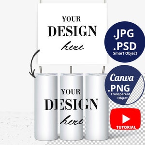 Envoltório completo 20 onças Skinny Tumbler Mockup & Design Wrap board view Mockup PSD Smart Objects, 3 20 onças Skinny Tumblers Mockup e placa, PNG, 1416