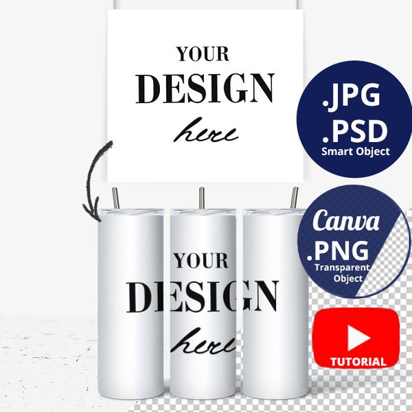 Volledige wrap 20oz Skinny Tumbler Mockup & Design Wrap board weergave Mockup PSD Smart Objects, 3 20oz Skinny Tumblers Mockup en bord, PNG, 1416