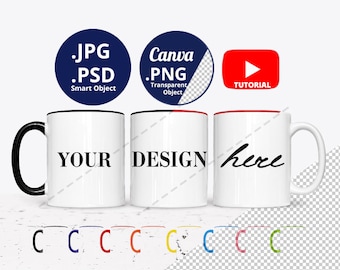 11oz Mug color handle & rim inside Mockup Bundle, Full wrap 3 Mugs Mockup optional color, Full view Mug Mockup Bundle PSD PNG 1471