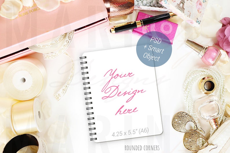 Journal Notebook Mockup on feminine pink styled desk