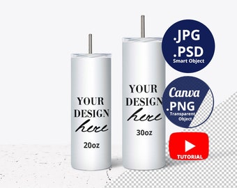 Single 20oz & 30oz Skinny Tumbler Mockup, Two Skinny Tumblers Mockup PSD Smart Objects, 20oz 30oz Tumbler Mockup, editable background, 1308
