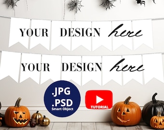 Halloween Party Bunting Mockup PSD, Party Banner Flags Mockup, Party Decoration Pennants Mockup on Halloween Pumpkin background, 782-h