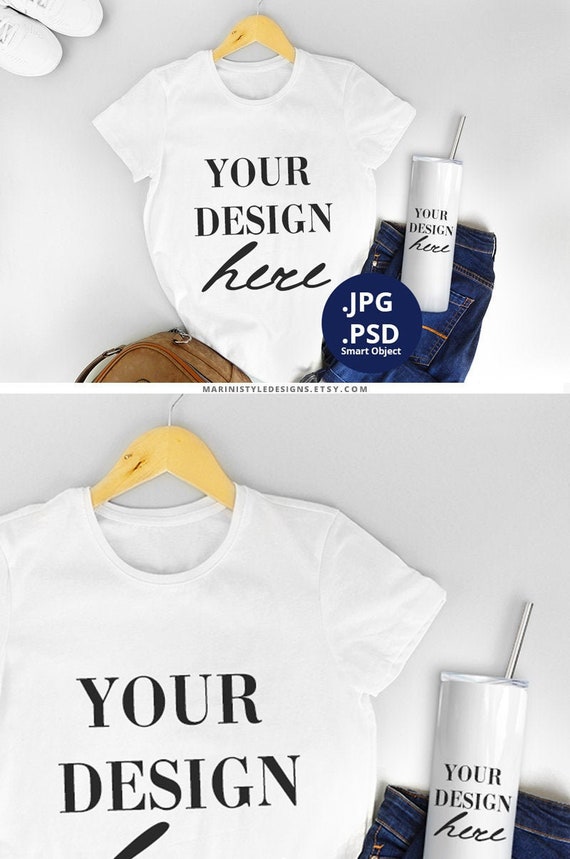 T-shirt & Skinny Tumbler Mockup Full wrap, White Tshirt mock up, 20oz tumbler mockup, PSD Smart Object mockup, Sublimation mockup 1245