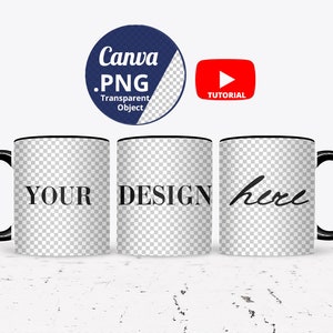11oz Mug black handle & rim mockup PNG Canva, Full wrap 3 Mugs Mockup optional color, Full view Mug Mockup black inside handle 1462c