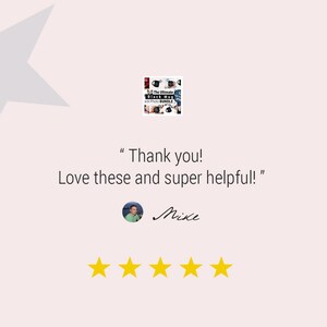 May include: A customer review with a light pink background. The review includes the text "Thank you! Love these and super helpful!" and a five-star rating. The reviewer's name is Mike.