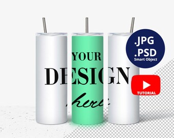 20oz Skinny Tumbler Mockup Glow in the dark, 3 Full wrap View Skinny Tumbler Mockup White & Glow in the dark, Mockup PSD Smart Objects, 1537
