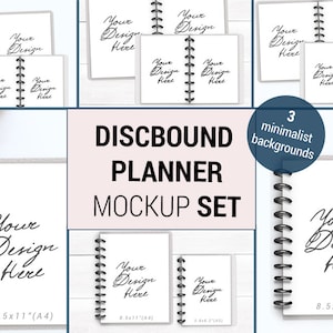 May include: A mockup set of three different sized discbound planners with white covers and black spiral binding. The planners are on a white wood background. The text "Your Design Here" is written on each planner. The text "DISCBOUND PLANNER MOCKUP SET" is written in black text on a pink background. The text "3 minimalist backgrounds" is written in white text on a blue background.