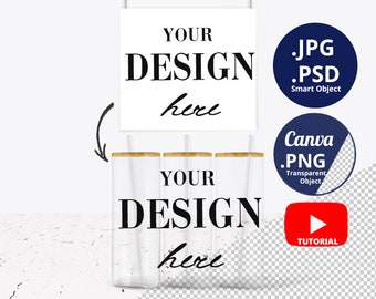 25oz Clear Glass can Mockup & Full wrap view, 3 25oz Glass skinny tumblers mockup, Libbey glass can mockup, Beer can glass mockup PSD 1432