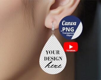 Asian Woman with teardrop earring Mockup PNG Canva, Woman wearing drop earrings mockup, 2-inch teardrop earring on ear Mockup, 1426c