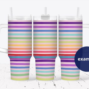 May include: Three clear, tall, insulated tumblers with handles. Each tumbler has a rainbow striped design with pink, purple, blue, green, yellow, orange, and red stripes.