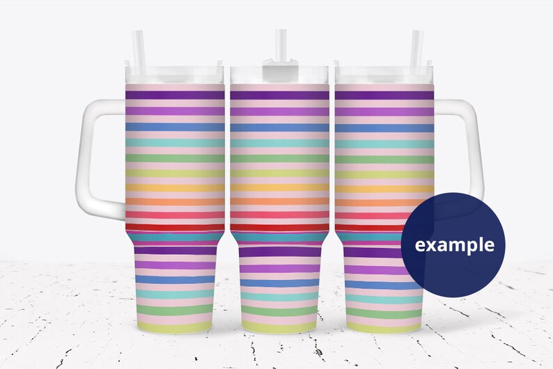 May include: Three clear, tall, insulated tumblers with handles. Each tumbler has a rainbow striped design with pink, purple, blue, green, yellow, orange, and red stripes.