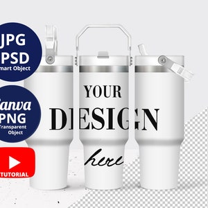 30oz Tumbler flip straw Mockup PSD, Full wrap 30oz swing handle Tumbler Mockup, 3 views Tumbler mockup PNG Canva & PSD Smart Objects, 1541