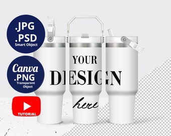 30oz Tumbler flip straw Mockup PSD, Full wrap 30oz swing handle Tumbler Mockup, 3 views Tumbler mockup PNG Canva & PSD Smart Objects, 1541