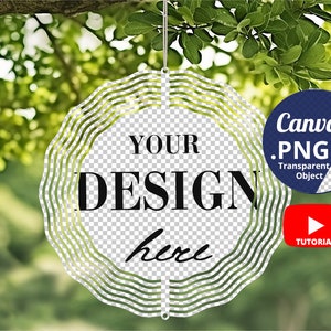 Wind Spinner Mockup on Outdoor background PNG Canva, Wind Spinner Mockup Green nature backyard porchway background, transparent PNG, 1419c