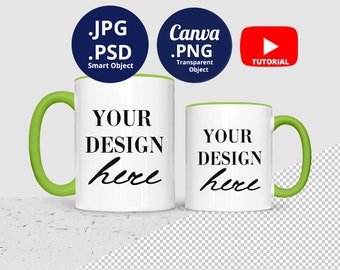 11oz & 15oz Mug green handle and rim mockup PSD PNG, Colored handle and rim Mug Mockup, optional color inside rim and handle Mug Mockup 1524