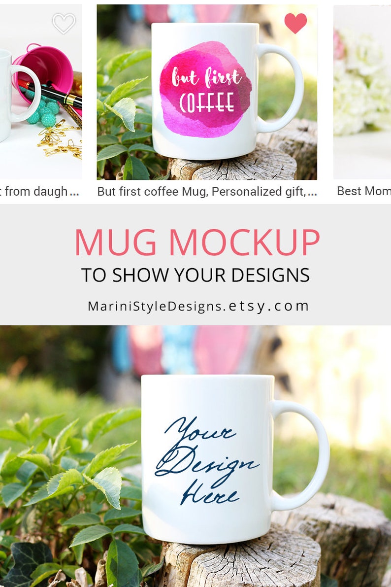 Puede incluir: Taza de cer&aacute;mica blanca con asa curva. Una taza tiene el texto "but first coffee" sobre un dise&ntilde;o de acuarela rosa. Otra taza tiene el texto "Your Design Here" en una fuente de escritura. La imagen tambi&eacute;n incluye el texto "MUG MOCKUP TO SHOW YOUR DESIGNS".