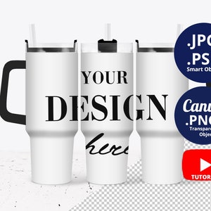 40oz Tumbler with black handle and lid Mockup, Full wrap 3 views 40oz Tumblers Mockup black handle & lid, Mockup PSD Smart Objects 1529