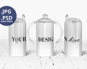 12oz Kids Sippy Cup Mockup Full wrap, 3 Sippy Cups Mockup with lid, 12oz Straight Tumbler mockup, PSD Smart Objects & Transparent PNG 1244